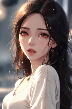 photorealistic,close up,side photo, high resolution,wallpaper, soft light,1women, solo, hips up, shining skin, Red Eye,(detailed face), jewelry,Black color long Hair,red eye,from above, cute style,casual white sweater outfit,rain day,1 girl,MFBP1,CryingAsagiriAya