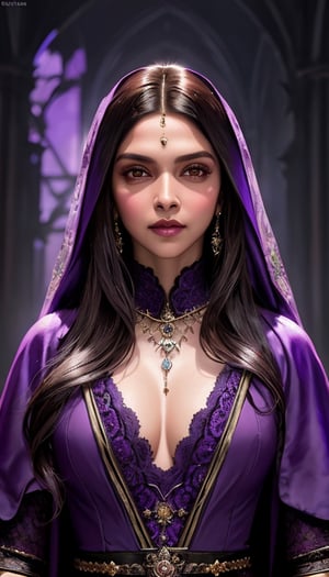 Deepika padukone, (a medieval witch in purple clothes), 1girl, modelshoot style, intricate details, masterpiece, cinematic lighting, dramatic, trending on artstation, highly detailed body, highly detailed face, ultra resolution, painting art by greg rutkowski and ruan jia, ilya kuvshinov fantasy ambiance