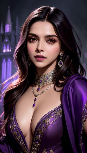 Deepika padukone, (a medieval witch in purple clothes), 1girl, modelshoot style, intricate details, masterpiece, cinematic lighting, dramatic, trending on artstation, highly detailed body, highly detailed face, ultra resolution, painting art by greg rutkowski and ruan jia, ilya kuvshinov fantasy ambiance