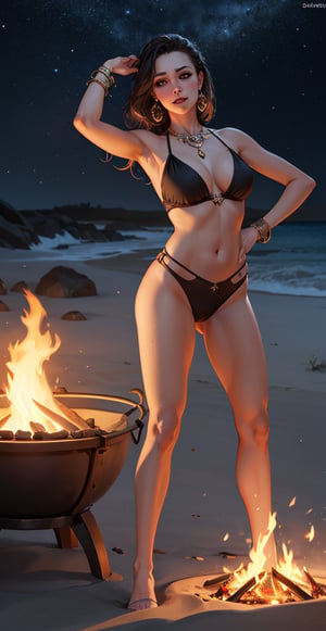dancer with jewelry at night on the beach by the fire in the style of magali villeneuve, eve ventrue, realistic depiction of light, luminous pointillism, daz3d, sultan mohammed, burned/charred 
