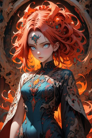 ultra Realistict, sole_female, ornaments. Detailed hairstyle, amazingly intricately hair, flame like hair, narrow waist, large hip, abstract hair, hair decorated with delicate beads, aesthetic, sharp Blue eyes, intricate haired girl, detailed shadow, mythical background, cowboy shot