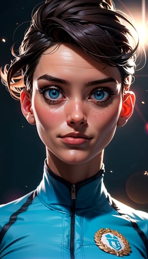 1girl, solo, medium hair, asymmetrical_hair, large breast, blue eyes, blush, mature female, 
Sports uniform, skinny,  chromatic_aberration, colour splash, 
masterpiece, best quality, realistic, hyperrealistic, sharp focus, absurdres, good anatomy, ultra detailed, ultra resolution, particles, magical filter, lens_flare effect, (detailed face, detailed eyes)