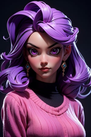 3dmm style,(masterpiece, top quality, best quality, official art, beautiful and aesthetic:1.2), (fractal art:1.3), 1girl, beautiful, high detailed, purple hair with a hint of pink, pink eyes, dark lighting, serious face, looking the sky, sky, medium shot, black sweater, jewelry