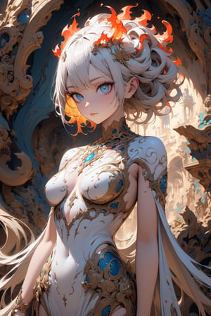 ultra Realistict, sole_female, ornaments. Detailed hairstyle, amazingly intricately hair, flame like hair, narrow waist, large hip, abstract hair, hair decorated with delicate beads, aesthetic, sharp Blue eyes, intricate haired girl, detailed shadow, mythical background, cowboy shot,raw,more detail XL