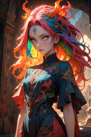 ultra Realistict, sole_female, ornaments. Detailed hairstyle, amazingly intricately hair, flame like hair, narrow waist, large hip, flame hair, hair decorated with delicate beads, aesthetic, Beautiful Blue eyes, Rainbow haired girl, realistic shadow, mythical background, cowboy shot