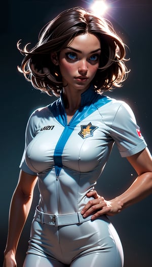 1girl, solo, medium hair, asymmetrical_hair, large breast, blue eyes, blush, mature female, 
Sports uniform, skinny,  chromatic_aberration, colour splash, cowboy shot
masterpiece, best quality, realistic, hyperrealistic, sharp focus, absurdres, good anatomy, ultra detailed, ultra resolution, particles, magical filter, lens_flare effect, detailed face, detailed eyes