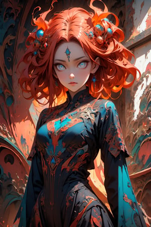 ultra Realistict, sole_female, ornaments. Detailed hairstyle, amazingly intricately hair, flame like hair, narrow waist, large hip, abstract hair, hair decorated with delicate beads, aesthetic, sharp Blue eyes, intricate haired girl, detailed shadow, mythical background, cowboy shot,raw