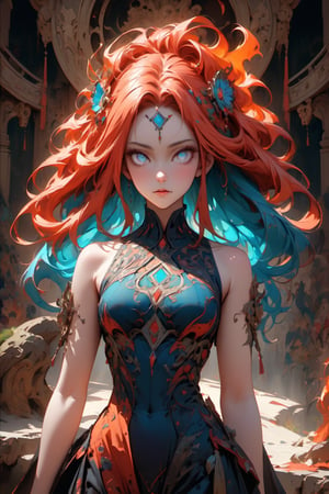 ultra Realistict, sole_female, ornaments. Detailed hairstyle, amazingly intricately hair, flame like hair, narrow waist, large hip, flame hair, hair decorated with delicate beads, aesthetic, Beautiful Blue eyes, intricate haired girl, detailed shadow, mythical background, cowboy shot