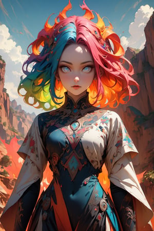 ultra Realistict, sole_female, ornaments. Detailed hairstyle, amazingly intricately hair, flame like hair, narrow waist, large hip, flame hair, hair decorated with delicate beads, aesthetic, Beautiful Blue eyes, Rainbow haired girl, realistic shadow, mythical background, cowboy shot