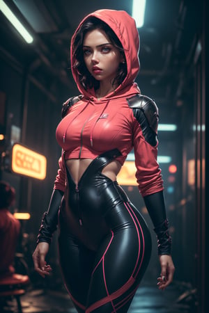 (1girl, scarlet Johansson), ((vigilanty, hoodie, leggings, neon lights, Arora clothes, bodysuit:1.3)), (side view, muscular, fit, cyberware, Armor), ((medium Breasts, rounded breasts:1.3)), (accentuated hip), (large pelvic), ((narrow waist, curvy waist:1.2)), ((slim, skinny waist, slender body:1.2)), (fighting pose:1.2), modern hairstyle, colour streaked hair, highlights, seductress, tempting

masterpiece, best quality, ultra highres, depth of field, (cinematic lighting:1.2), (detailed face, detailed eyes:1.2), (detailed lips, rose lips:1.2), (detailed background:1.2), (battle field, post war:1.2) (masterpiece:1.2), (ultra detailed), (best quality), intricate, comprehensive cinematic, scientific photography, (gradients), colorful, detailed landscape, shiny skin, looking_at_viewer 