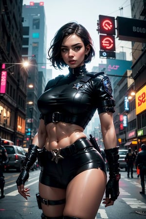 sexy police riot gear in a cyberpunk city
