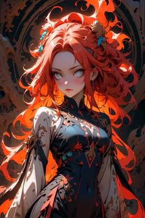 ultra Realistict, sole_female, ornaments. Detailed hairstyle, amazingly intricately hair, flame like hair, narrow waist, large hip, flame hair, hair decorated with delicate beads, aesthetic, sharp Blue eyes, intricate haired girl, detailed shadow, mythical background, cowboy shot