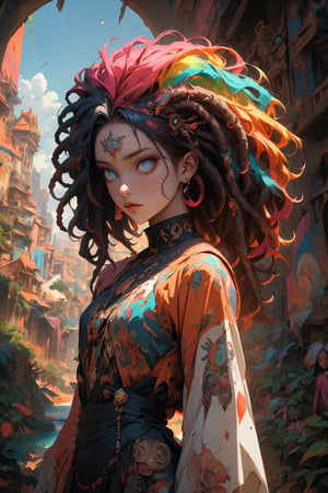 ultra Realistict, sole_female, ornaments. Detailed hairstyle, amazingly intricately (dreadlocks) hair, narrow waist, large hip, colorful hair, hair decorated with delicate beads, aesthetic, Beautiful Blue eyes, Rainbow haired girl, realistic shadow, mythical background, cowboy shot,th3m¢