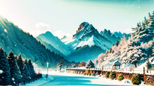 (Masterpiece,high definition, best quality, superior quality, intricate details, beautiful aesthetic:1.2),Imagine a winter landscape: The  features a snow-covered mountain range with a bright sun in the sky, creating a beautiful and serene atmosphere. The mountains are adorned with snow, and the sun's rays are shining through the clouds, illuminating the landscape. The scene is reminiscent of a painting, capturing the essence of nature's beauty,Nature