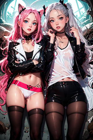 creates a high quality image, extreme details, ultra definition, extreme realism, 16k UHD, 2 girls with black leather clothes, silver hair and long fangs, body all tattooed, red eyes, in the background an intricate dusty catacomb, demolished and full spider web,Himeribbon,ribbon,pigtails,headband,pink hair,male focus,wariza,Hime,(long hair:1.5),blue eyes,