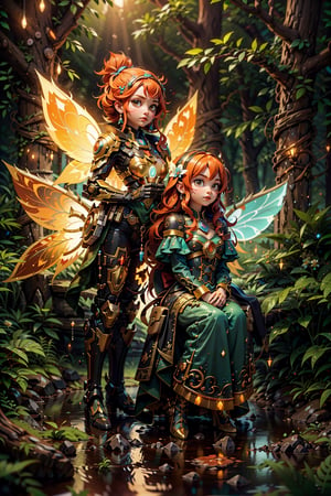 a ginger Huntress detailed, symmetric, luminism, dark shot, a dark night magical forest atmosphere, octane render, a fairy dust, a bioluminescence, a purity, detailed face, night, maximalism, rococo, global illumination, luminism, detailed, intricate, fractal details, hyperdetailed, a cloths soaked in a brightly shining led fairy dust, warm colors, intricate details, volumetric, glaring eyes, ultra closeup,fantchar,mecha musume