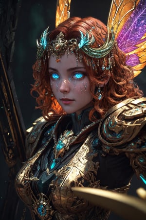 Upper body,(masterpiece:1.2), best quality,fantasy,Ultra-detailed,very detailed illustrations,extremely detailed,intricate details,highres,super complex details,extremely detailed 8k cg wallpaper,a ginger Huntress detailed, symmetric, luminism, dark shot, a dark night magical forest atmosphere, octane render, a fairy dust, a bioluminescence, a purity, detailed face, night, maximalism, rococo, global illumination, luminism, detailed, intricate, fractal details, hyperdetailed, a cloths soaked in a brightly shining led fairy dust, warm colors, intricate details, volumetric, glaring eyes, ultra closeup,fantchar,mecha musume ,(HDR:1.4) , (Extremely Detailed Oil Painting:1.2), glow effects, godrays, Hand drawn, render, 8k, octane render, cinema 4d, blender, dark, atmospheric 4k ultra detailed, cinematic sensual, Sharp focus, humorous illustration, big depth of field, Masterpiece, colors, 3d octane render, 4k, concept art, trending on artstation, hyperrealistic, Vivid colors, extremely detailed CG unity 8k wallpaper, trending on ArtStation, trending on CGSociety, Intricate, High Detail, dramatic,Mecha