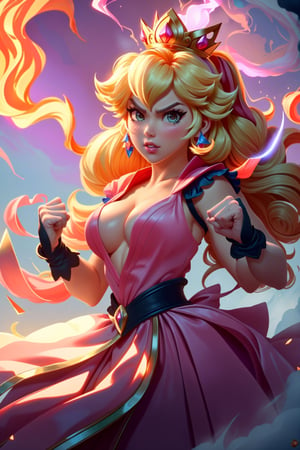 Close Up Portrait, Simple color Palette, Hd, very Detailed, awesome Quality, reflecting, luminescent, translucent, Ethereal, Aura, princess Peach, angry Peach_SMP, light pink revealing clothes, White smoke, light beams through smoke, Bruce Lees iconic posing fighting frame, fists up, underboob senketsu2,