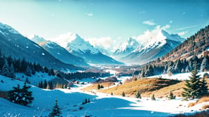 (Masterpiece,high definition, best quality, superior quality, intricate details, beautiful aesthetic:1.2),Imagine a winter landscape: The  features a snow-covered mountain range with a bright sun in the sky, creating a beautiful and serene atmosphere. The mountains are adorned with snow, and the sun's rays are shining through the clouds, illuminating the landscape. The scene is reminiscent of a painting, capturing the essence of nature's beauty