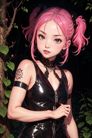 creates a high quality image, extreme details, ultra definition, extreme realism, 16k UHD, 2 girls with black leather clothes, silver hair and long fangs, body all tattooed, red eyes, in the background an intricate dusty catacomb, demolished and full spider web,Himeribbon,ribbon,pigtails,headband,pink hair,male focus,wariza,Hime
