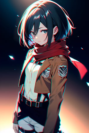 ,`detailed cg, anime picture, shiny hair and skin, chromatic aberration, transparent background, depth of field, colorful ,cinematic light, soft lighting, glowing skin, lighting`,hmmikasa, short hair, black eyes, scarf, emblem, belt, thigh strap, red scarf, white pants, brown jacket, long sleeves