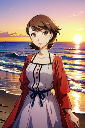 ((masterpiece, best quality))Persona3Yukari, 1girl, solo, short hair, brown hair, brown eyes, On a beach during a vibrant sunset, sundress, playing with the waves ,Persona3Yukari,Color Booster