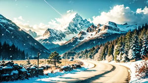 (Masterpiece,high definition, best quality, superior quality, intricate details, beautiful aesthetic:1.2),Imagine a winter landscape: The  features a snow-covered mountain range with a bright sun in the sky, creating a beautiful and serene atmosphere. The mountains are adorned with snow, and the sun's rays are shining through the clouds, illuminating the landscape. The scene is reminiscent of a painting, capturing the essence of nature's beauty