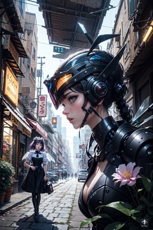 realistic, extra detailed, extra detailed anatomy, extra detailed face, detailed eyes, 1 girl, exoskeleton, victorian maid, bug girl, mantis leaf arms, petal shaped hair, iridescent hair, sparkly hair, crystal hair, flower shiny glass on the bottom, shiny crystal patterns on the skin, insect wings, crystal wings, melancholic look,cyberpunk robot,mecha musume,no_humans,halo,Color Booster