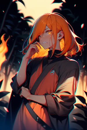 ,`detailed cg, anime picture, shiny hair and skin, chromatic aberration, transparent background, depth of field, colorful ,cinematic light, soft lighting, glowing skin,

Kamado_Nezuko, 1girl, solo, looking_at_viewer, teeth, orange_hair, slit_pupils, clenched_teeth, angry, veins, asa_no_ha_\(pattern\), checkered_sash, fire, forest