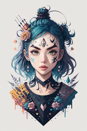 (An amazing and captivating abstract illustration:1.4), (captivating female face:1.3), face focus, beautiful features, (thick eyebrows:1.3), face shot, (grunge style:1.2), (frutiger style:1.4), (colorful and minimalistic:1.3), (2004 aesthetics:1.2),(beautiful vector shapes:1.3), with. BREAK swirls, x \(symbol\), arrow \(symbol\), heart \(symbol\), gradient background, sharp details, muted colors. BREAK highest quality, detailed and intricate, original artwork, trendy, mixed media, vector art, vintage, award-winning, artint, SFW,Text,tshee00d