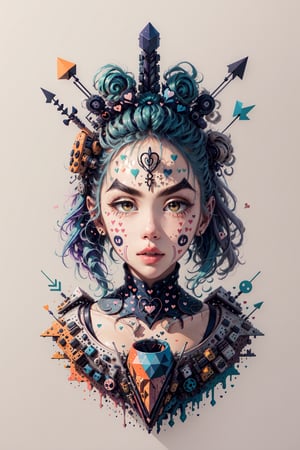 (An amazing and captivating abstract illustration:1.4), (captivating female face:1.3), face focus, beautiful features, (thick eyebrows:1.3), face shot, (grunge style:1.2), (frutiger style:1.4), (colorful and minimalistic:1.3), (2004 aesthetics:1.2),(beautiful vector shapes:1.3), with. BREAK swirls, x \(symbol\), arrow \(symbol\), heart \(symbol\), gradient background, sharp details, muted colors. BREAK highest quality, detailed and intricate, original artwork, trendy, mixed media, vector art, vintage, award-winning, artint, SFW,Text,tshee00d,vector style