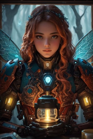 (masterpiece:1.2), best quality,fantasy,Ultra-detailed,very detailed illustrations,extremely detailed,intricate details,highres,super complex details,extremely detailed 8k cg wallpaper,a ginger Huntress detailed, symmetric, luminism, dark shot, a dark night magical forest atmosphere, octane render, a fairy dust, a bioluminescence, a purity, detailed face, night, maximalism, rococo, global illumination, luminism, detailed, intricate, fractal details, hyperdetailed, a cloths soaked in a brightly shining led fairy dust, warm colors, intricate details, volumetric, glaring eyes, ultra closeup,fantchar,mecha musume ,(HDR:1.4) , (Extremely Detailed Oil Painting:1.2), glow effects, godrays, Hand drawn, render, 8k, octane render, cinema 4d, blender, dark, atmospheric 4k ultra detailed, cinematic sensual, Sharp focus, humorous illustration, big depth of field, Masterpiece, colors, 3d octane render, 4k, concept art, trending on artstation, hyperrealistic, Vivid colors, extremely detailed CG unity 8k wallpaper, trending on ArtStation, trending on CGSociety, Intricate, High Detail, dramatic,Mecha