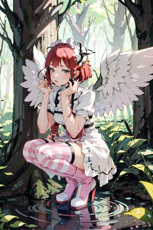  1girl, solo, short hair, thighhighs, dress, red hair, short sleeves, boots, outdoors, wings, striped, puffy sleeves, red eyes, water, tree, puffy short sleeves, squatting, pink dress, nature, striped thighhighs, forest, rain, fairy wings, fairy, mushroom, pink thighhighs,midjourney,Persona3Chidori,angel_wings