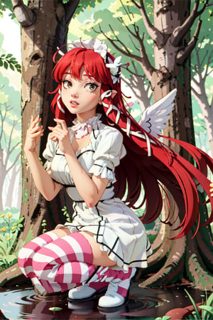  1girl, solo, short hair, thighhighs, dress, red hair, short sleeves, boots, outdoors, wings, striped, hair large ,puffy sleeves, red eyes, water, tree, puffy short sleeves, squatting, pink dress, nature, striped thighhighs, forest, rain, fairy wings, fairy, mushroom, pink thighhighs,midjourney,Persona3Chidori,angel_wings,angel
