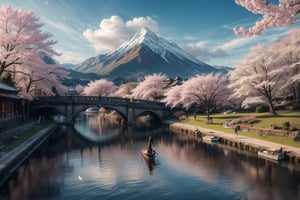1girl, solo, long hair, brown hair, black hair, dress, sitting, ponytail, outdoors, sky, day, cloud, water, from behind, white dress, tree, cherry blossoms, building, instrument, scenery, reflection, mountain, watercraft, architecture, house, bridge, east asian architecture, river, boat
