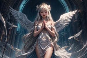 1girl, solo, long hair, dress, standing, closed eyes, white hair, wings, white dress, own hands together, feathered wings, angel wings, blue theme, white wings, angel, own hands clasped, pillar, praying