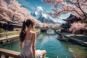 1girl, solo, long hair, brown hair, black hair, dress, sitting, ponytail, outdoors, sky, day, cloud, water, from behind, white dress, tree, cherry blossoms, building, instrument, scenery, reflection, mountain, watercraft, architecture, house, bridge, east asian architecture, river, boat