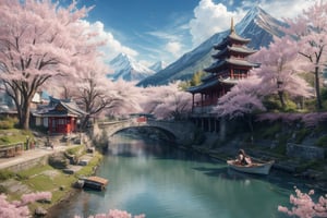 1girl, solo, long hair, brown hair, black hair, dress, sitting, ponytail, outdoors, sky, day, cloud, water, from behind, white dress, tree, cherry blossoms, building, instrument, scenery, reflection, mountain, watercraft, architecture, house, bridge, east asian architecture, river, boat,realhands