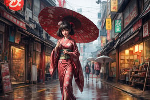 1girl, solo, black hair, hair ornament, japanese clothes, kimono, umbrella, walking, rain, joints, oil-paper umbrella, doll joints