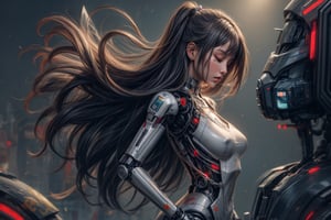 1girl, solo, simple background, black hair, closed eyes, upper body, grey background, from side, profile, robot, realistic, android, joints, robot joints, nervous, worred expresion, cowboy shot, cyber punk cityscape, full body, 