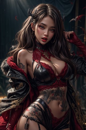 1girl, solo, open mouth, black hair, red eyes, fangs, pale skin, spot color, realistic, vampire, cowboy shot, vampire fangs, 