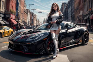 1girl, solo, long hair, brown hair, dress, standing, boots, high heels, white footwear, knee boots, ground vehicle, motor vehicle, realistic, car, vehicle focus, race queen, sports car