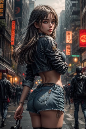 Here is a coherent and stable diffusion prompt based on your input:

A girl with long hair, bangs framing her blue eyes, stands alone outdoors at night. Her white and multicolored locks fall down her back as she gazes directly at the viewer. She wears a striped shirt, miniskirt, and thigh-high boots, with a denim jacket slung open to reveal her navel jewelry. A rain-soaked street behind her is blurred, while neon lights from nearby buildings create a colorful glow. Her arms are relaxed by her sides, and her parted lips curve into a subtle smile. She stands confidently, wearing a black leather jacket over a cropped top and blue skirt with fishnet stockings. The city's bustling crowd blends into the background as she takes center stage.