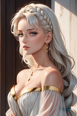 a detailed portrait of a young woman with fair skin and large, soft blue eyes, wearing round glasses. Her white hair should be styled in loose waves with a braid over one shoulder. She is adorned with delicate gold earrings and a necklace that is both rustic and elegant. Her attire is classical, with a softly draped blue patterned garment. The backdrop is rustic and textured to complement her features. The portrait should capture a sense of gentle refinement and timeless beauty."