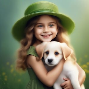 A cute little girl with big green eyes, florish large hat, smiling to camera, hugging a cute puppy. Ultra realistic photo.