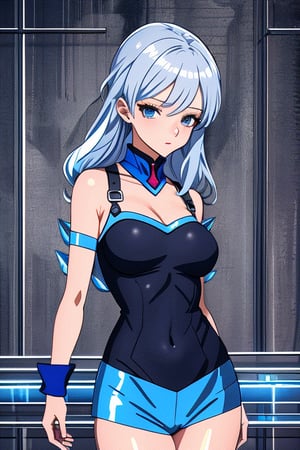 2.5D drawing, sexy 18 year old girl wearing ice magic clothing, icy silver hair, icy cobolt blue clothes, freezing
