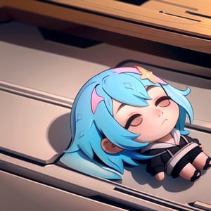 highly detailed, high quality, masterpiece, beautiful, | 1girl, QiqiFallen, chibi, on back, black hoodie, light blue hair, emotionless, neutral expression, raining, 