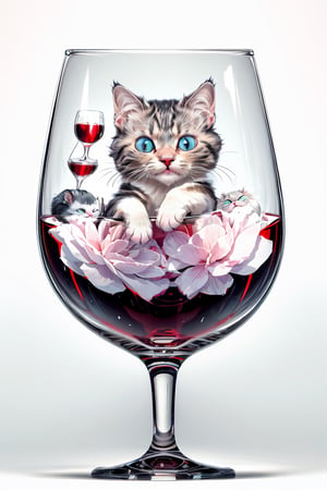 Cute tiny little kitty, poking out of a wine glass , cats are water,cat, furry, cute, detailed background, one cat only