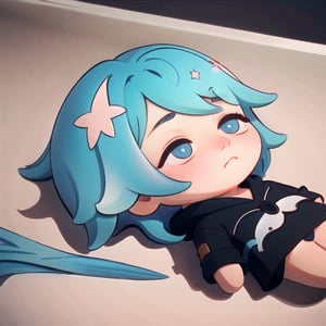highly detailed, high quality, masterpiece, beautiful, | 1girl, QiqiFallen, chibi, on back, black hoodie, light blue hair, emotionless, neutral expression, raining, 