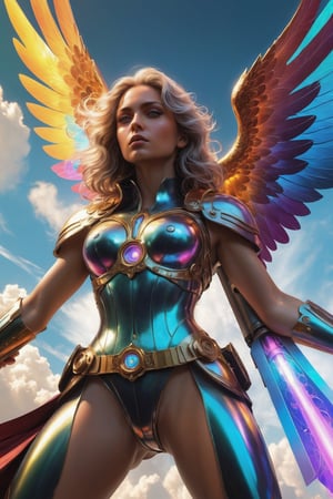 (Archangel Gabriela), (armed with a gatling gun), descending from the skies, 8k, concept art by Greg Rutkowski, Artgerm, WLOP, Alphonse Mucha, dynamic lighting, hyperdetailed, intricately detailed Splash art, triadic colors, Unreal Engine 5, volumetric lighting Canaletto photorealism movie poster, stunning, something that even doesn't exist, mythical being, energised, molecular textures, iridescent and luminescent scales, breathtaking beauty, pure perfection, divine presence, unforgettable, impressive, Volumetric light, auras, rays, vivid colors, reflects. 